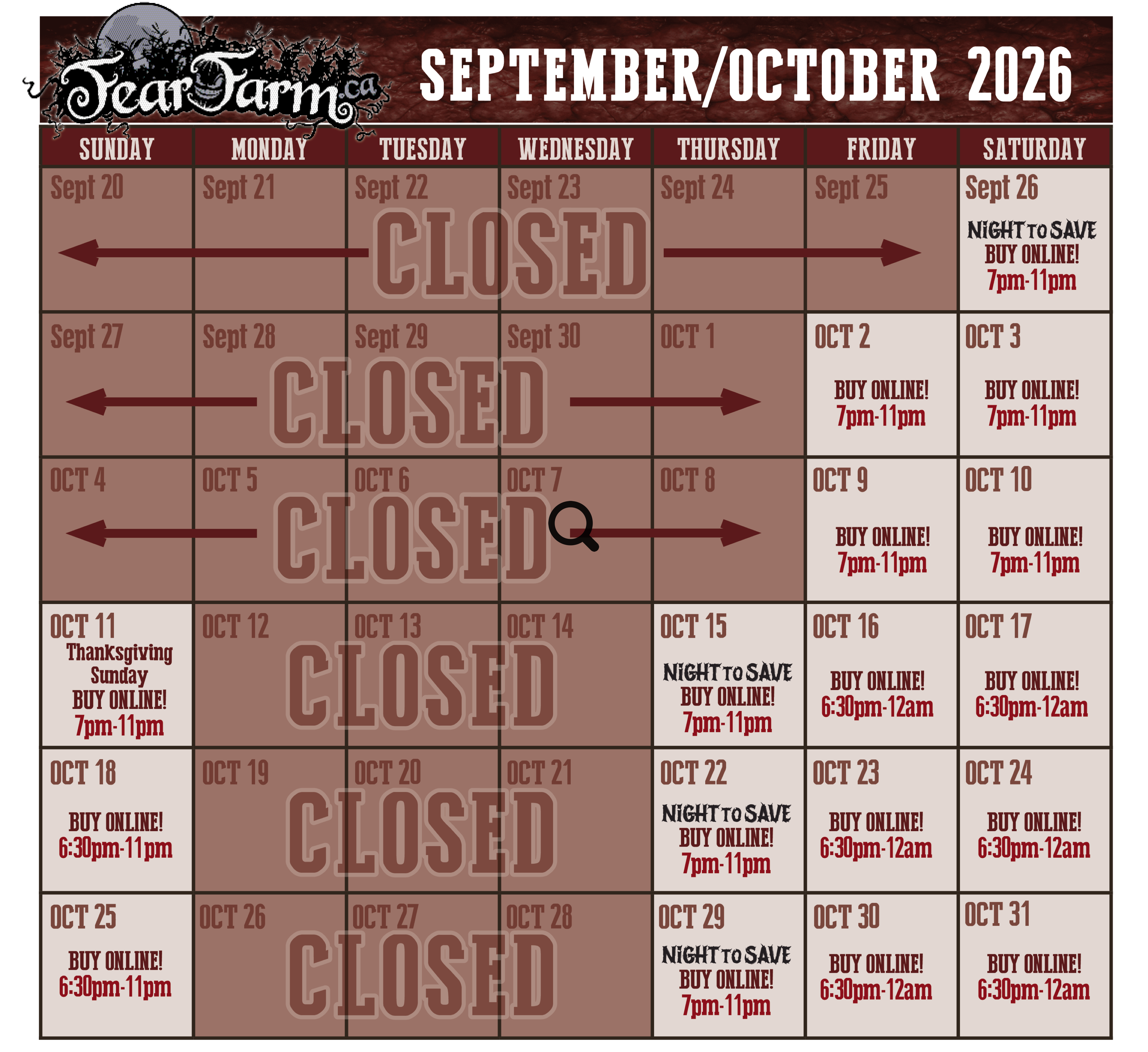 Fear Farm September/October 2026 Calendar