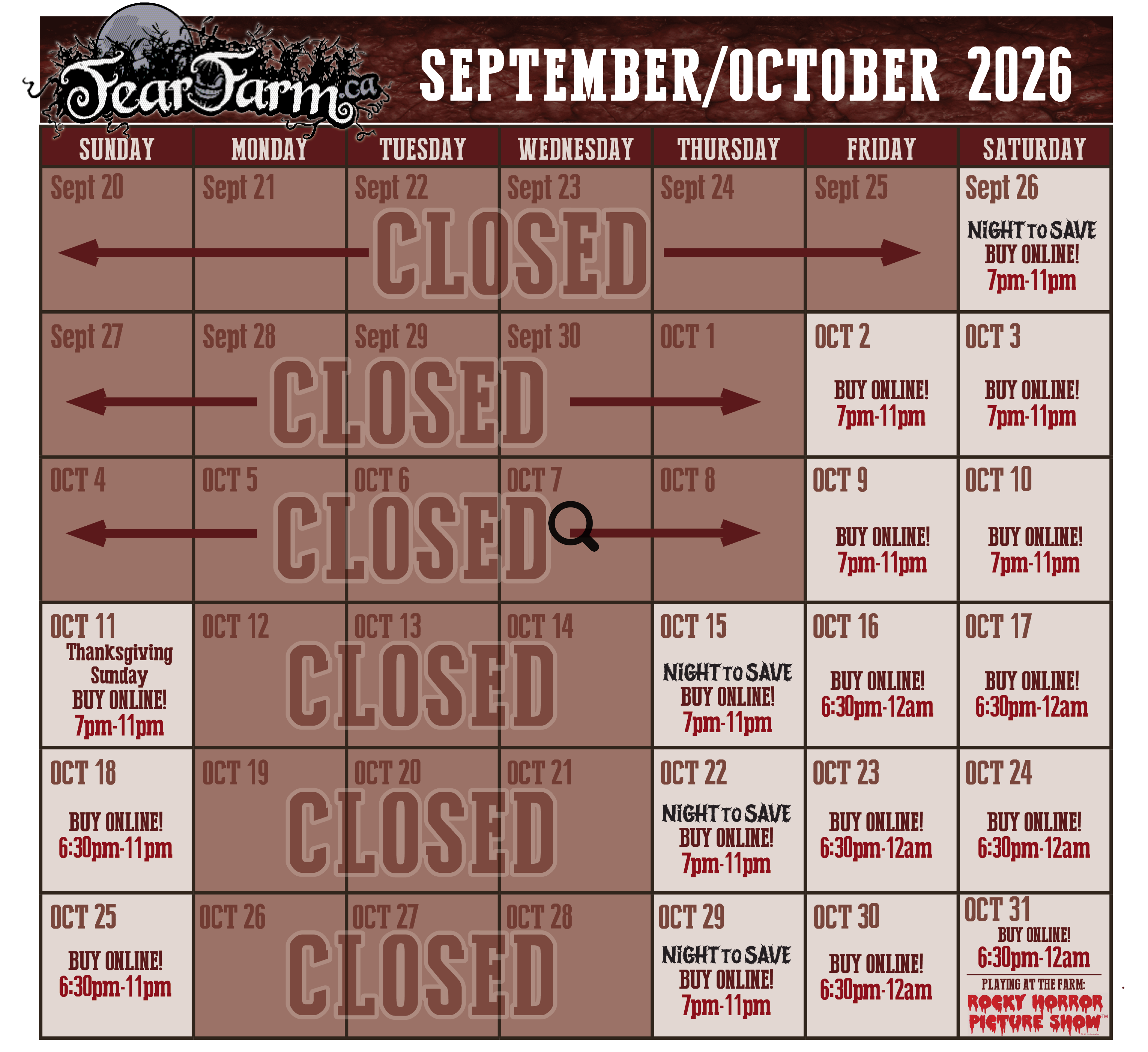 Fear Farm September/October 2026 Calendar