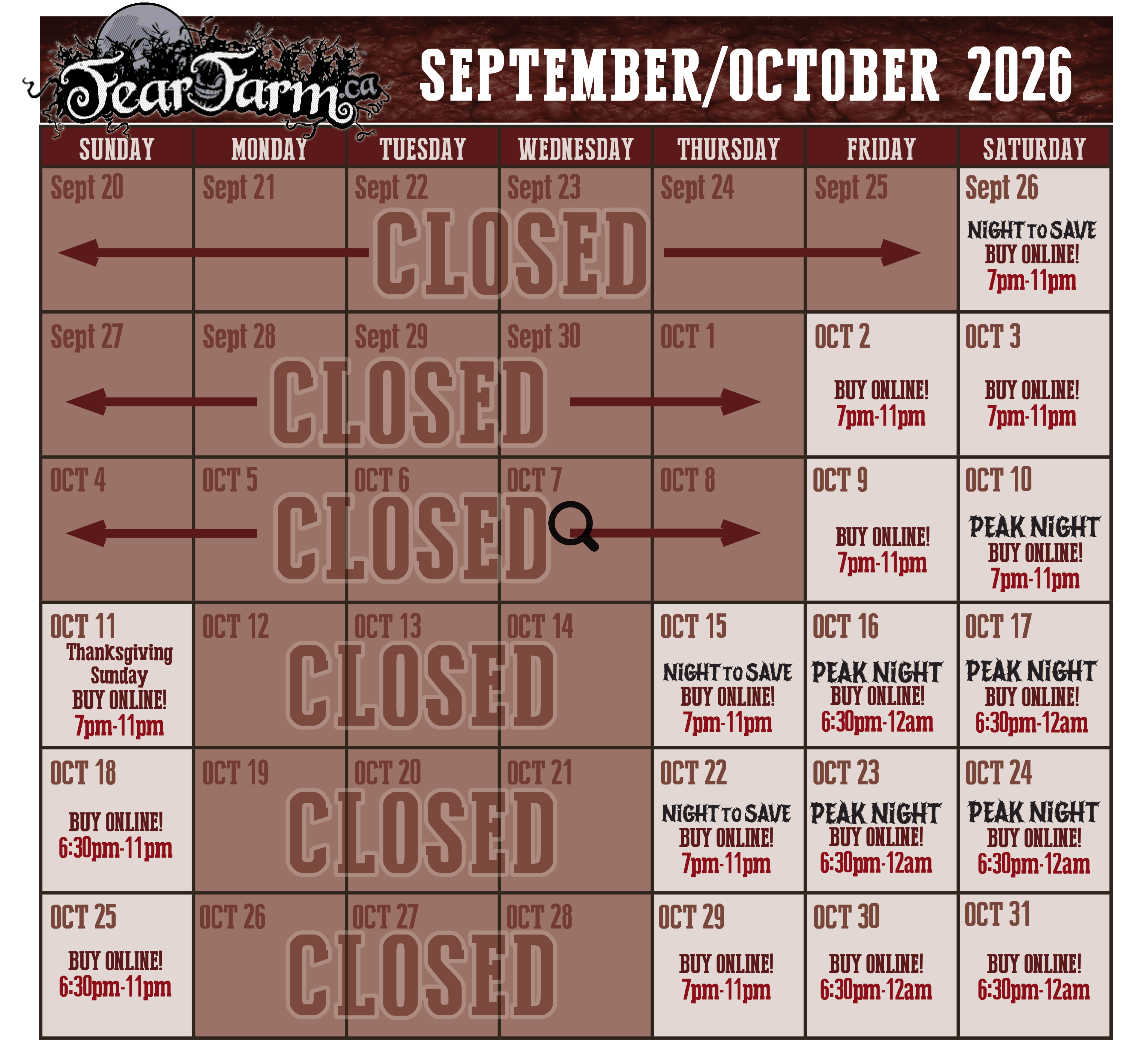 Fear Farm September/October 2026 Calendar